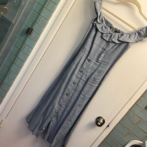 Reformation periwinkle blue linen off shoulder dress